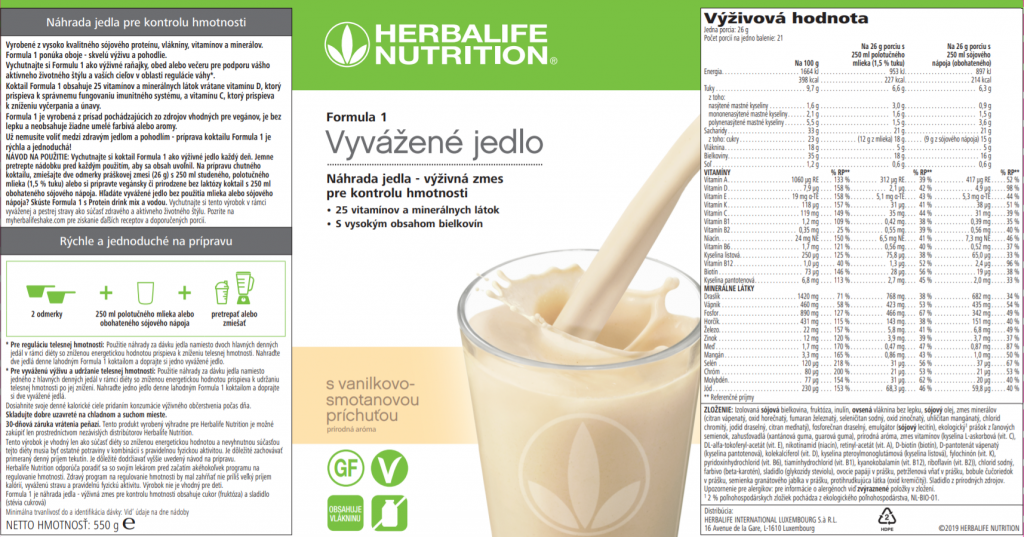 Herbalife Formula 1 Vanilka smotana - štítok