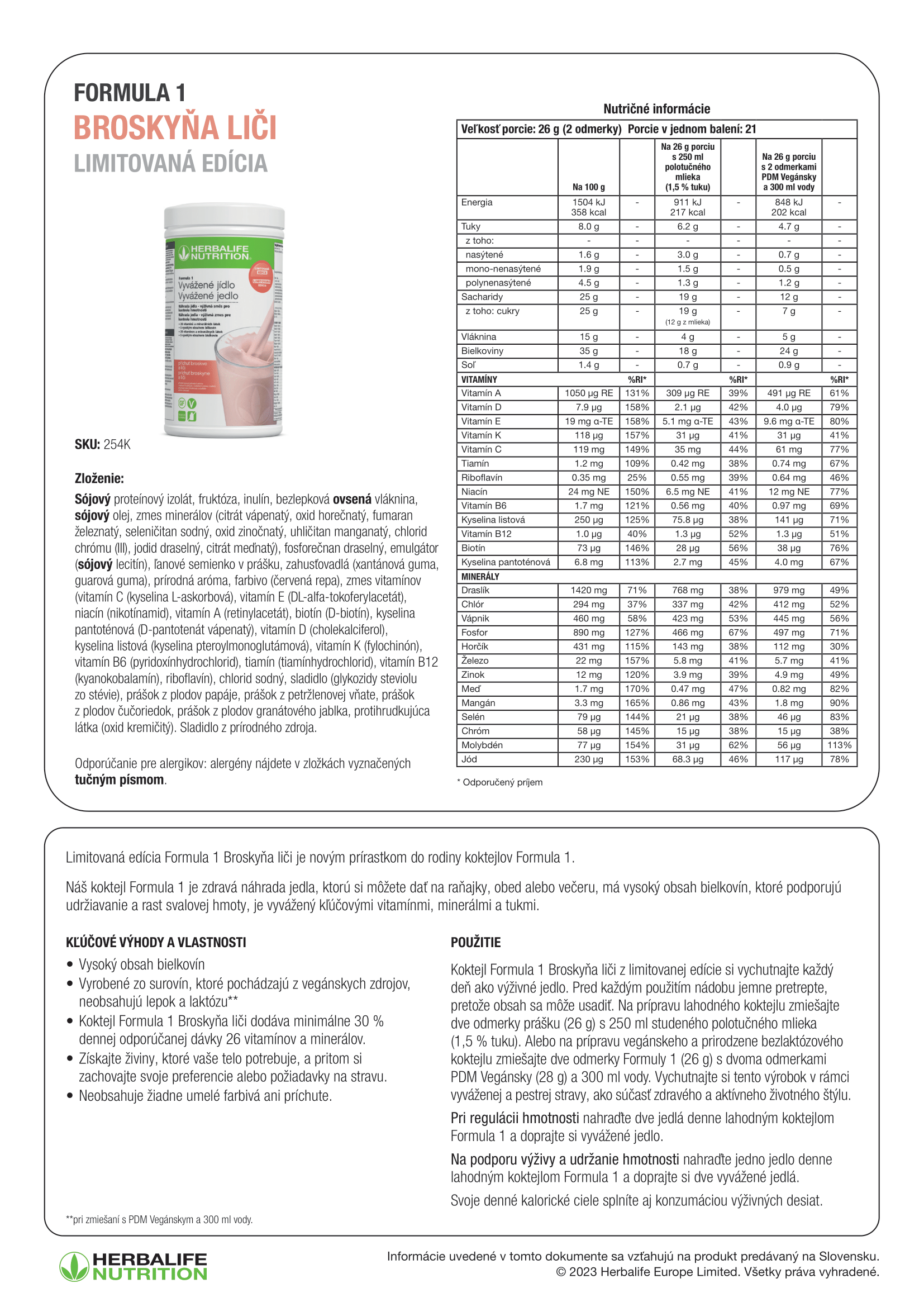 Herbalife Formula 1 Broskyňa & Liči 254K-Štítok