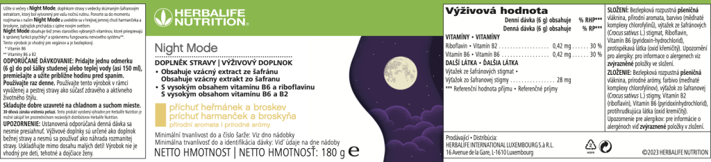 Herbalife Night Mode - Výživová hodnota štítok